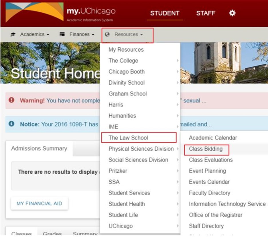 My.Uchicago Student Home screen showing class bidding in The Law School menu under Resources