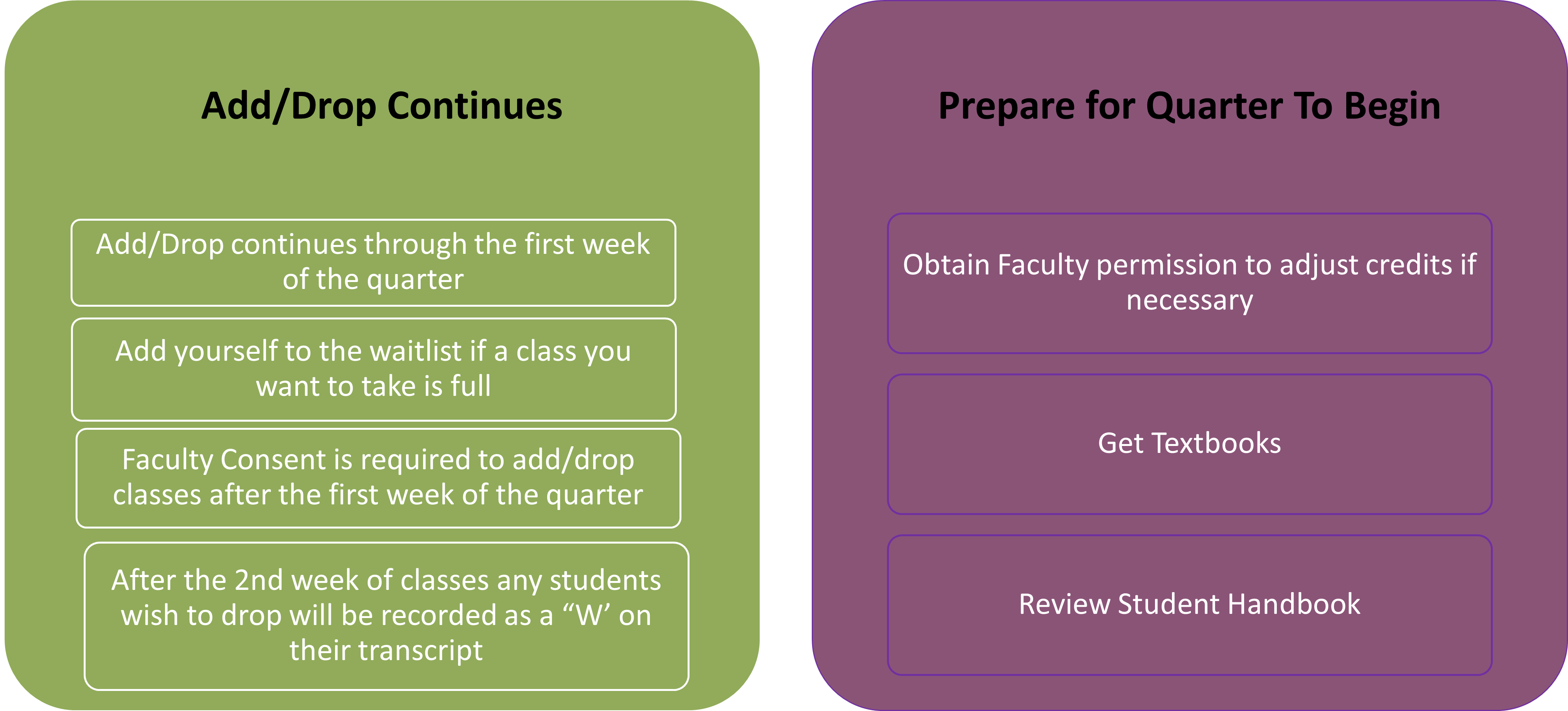 Graphic with two columns showing suggested action items after registration. Columns are titled Add/Drop Continues and Prepare for Quarter To Begin.