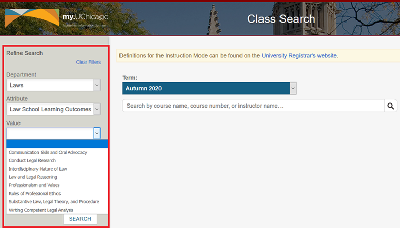 Class search page showing refine search options on the left side of page