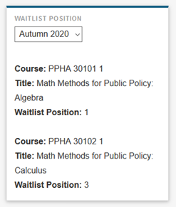 Student Homepage showing position on waitlist