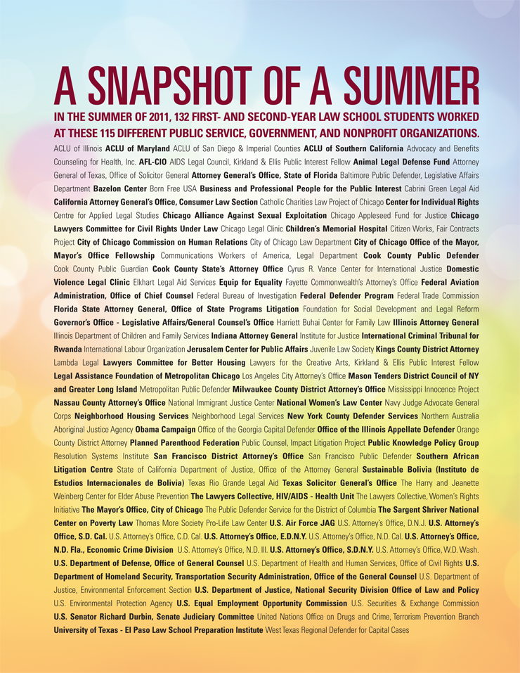 In the summer of 2011, 132 first- and second-year Law School students worked at these 115 different public service, government, and nonprofit organizations.