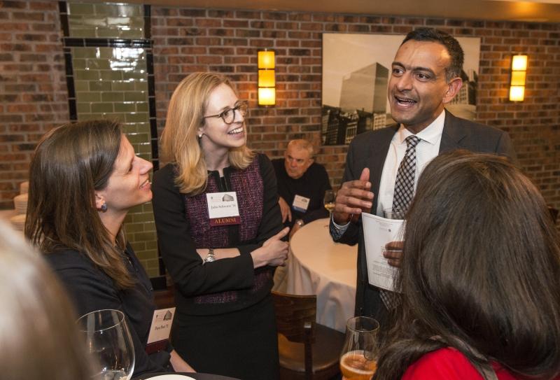 Friday evening, alumni who have served in judicial clerkships mingled with current students who are interested in pursuing clerkships. Here, alumni are shown chatting with US Magistrate Judge Paul Grewal, ’96.