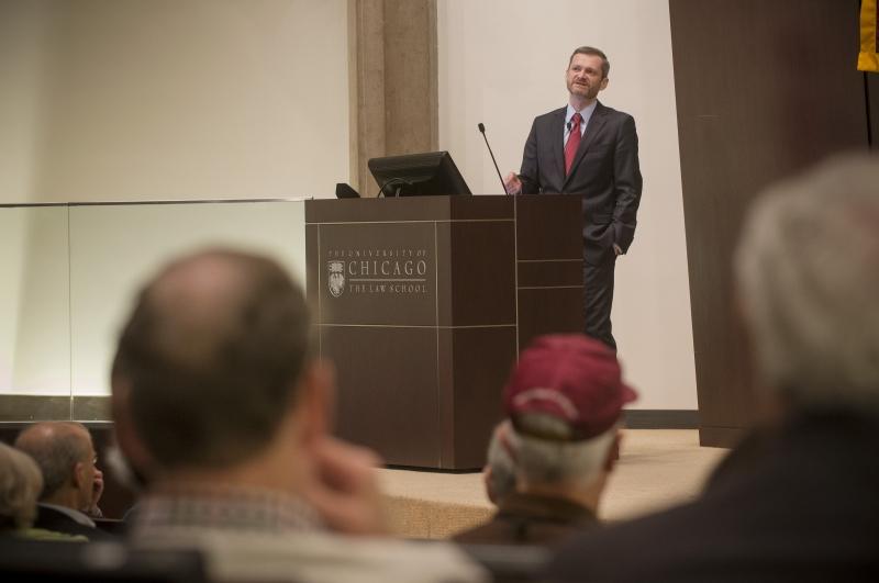 Dean Thomas J. Miles, the Clifton R. Musser Professor of Law and Economics, shared updates about the Law School and took questions during a Town Hall meeting in the Auditorium.