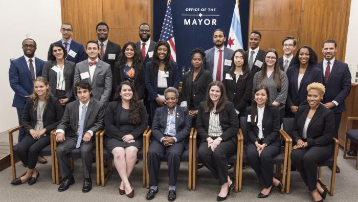 D'Amore (front row, to the left of Chicago Mayor Lori Lightfoot) with her Pre-Orientation Program cohort.