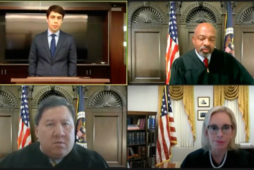Kirkpatrick (upper left) argued via Zoom before three judges on the US Courts of Appeals: James E. Graves Jr. (upper right) and Judge James C. Ho, ’99, (bottom left) of the Fifth Circuit and Judge Kim McLane Wardlaw (lower right) of the Ninth Circuit