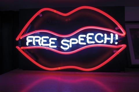 Free speech neon sign from Professor Geoffrey Stone's office.