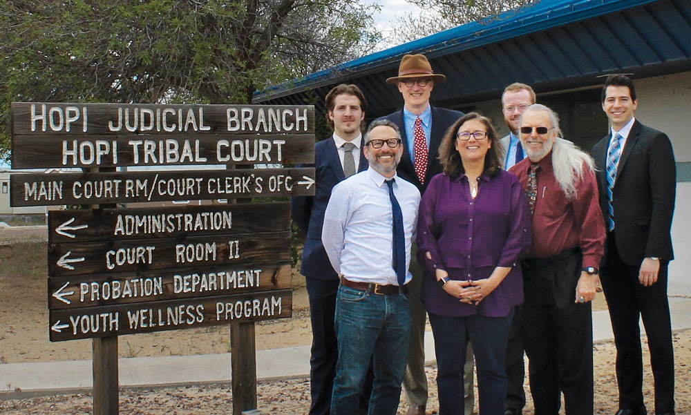 Students of the Hopi Law Practicum met with Hopi appellate judges during a visit to Arizona last spring, including (front row, from left) Justin Richland, who teaches the practicum with Professor Todd Henderson (back row); Patricia Sekaquaptewa; and Robert N. Clinton, ‘71.