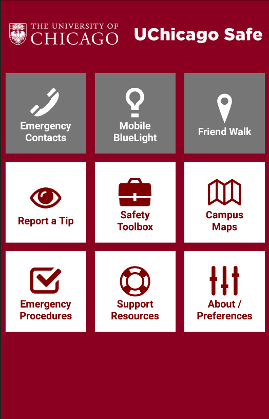 An image of the UChicago Safe App interface. A red background with options to select emergency contacts, Mobile BlueLight, and Friend Walk.