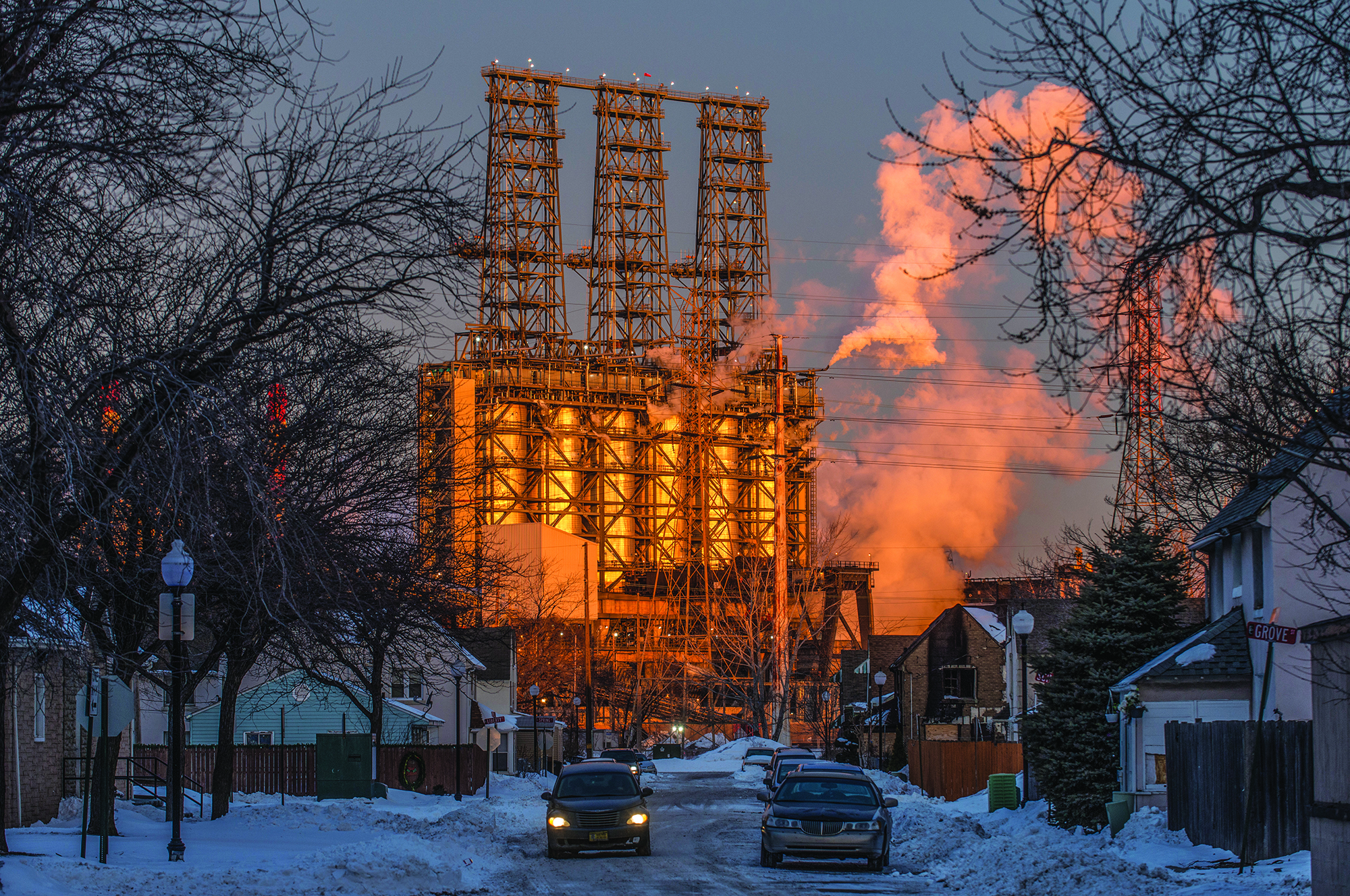 Steam billows dramatically from a power station in East Chicago