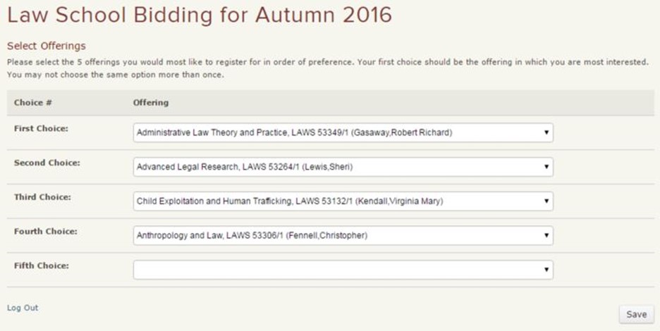 Law School Bidding screen showing drop down menu for 5 bidding choices