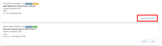 Class search page showing Add to waitlist button