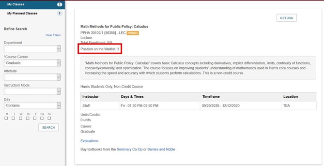 My classes screen showing position on waitlist