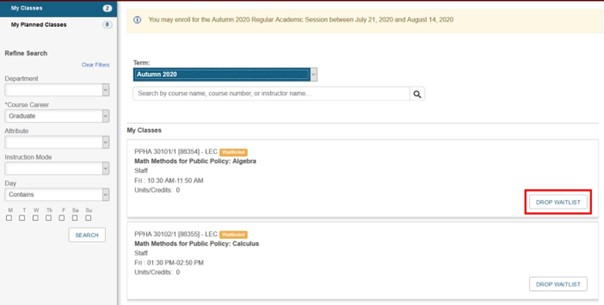 My.uchicago screen showing Drop Waitlist button