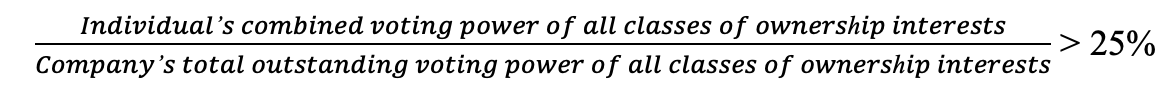 Equation showing that Individual’s combined voting power of all classes of ownership interests divided by ompany’s total outstanding voting power of all classes of ownership interests is greater than 25 percent.
