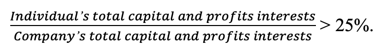 math equation showing that Individual’s total capital and profits interests ompany’s total capital and profits interests is greater than 25 percent.