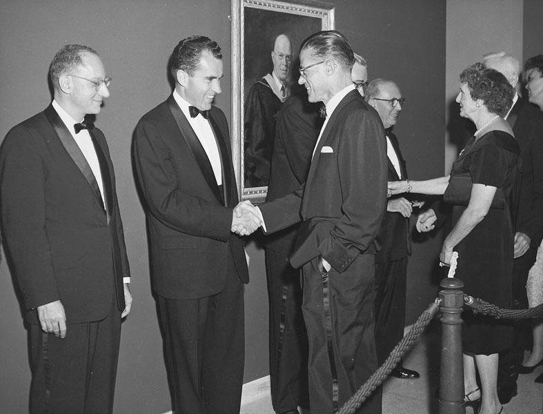 Dean Edward Levi and then-Vice President Richard Nixon greeted guests in 1959 at the building's grand opening.