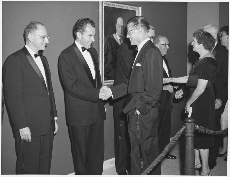 Vice President Richard M. Nixon, Law School Dean Edward H. Levi, and Chicago attorney Albert E. Jenner, Jr. of Jenner & Block at the dedication of the new, Eero Saarinen-designed Law School building in 1959. Vice President Richard M. Nixon, Law School Dean Edward H. Levi, and Chicago attorney Albert E. Jenner, Jr. of Jenner & Block at the dedication of the new, Eero Saarinen-designed Law School building in 1959.
