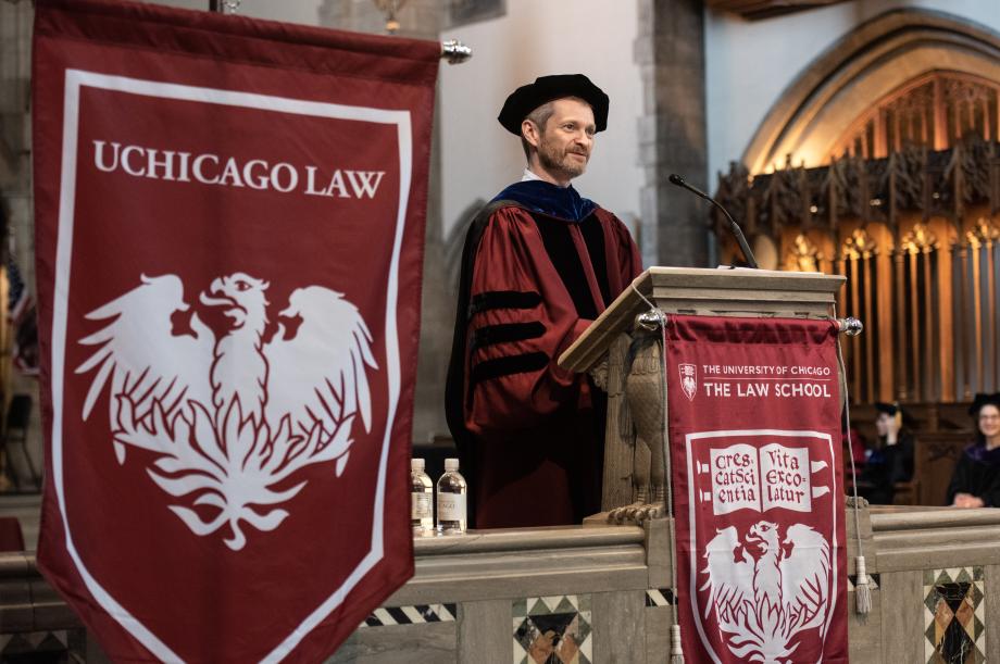 Dean Thomas J. Miles stands on stage, congratulating the Class of 2023.