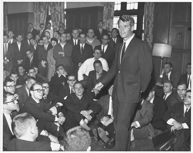 Robert F. Kennedy speaks to students during a 1964 visit to the Law School. He was elected to the US Senate that same year. Robert F. Kennedy speaks to students during a 1964 visit to the Law School. He was elected to the US Senate that same year.