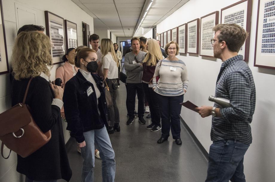 a student gives a tour in the basement.