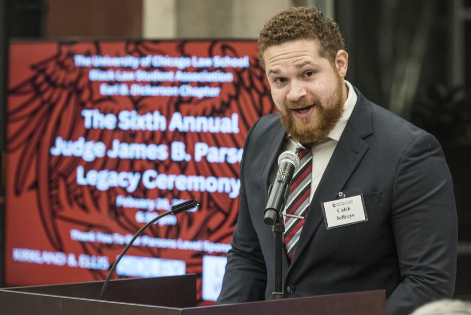 Caleb Jeffreys speaks from the podium