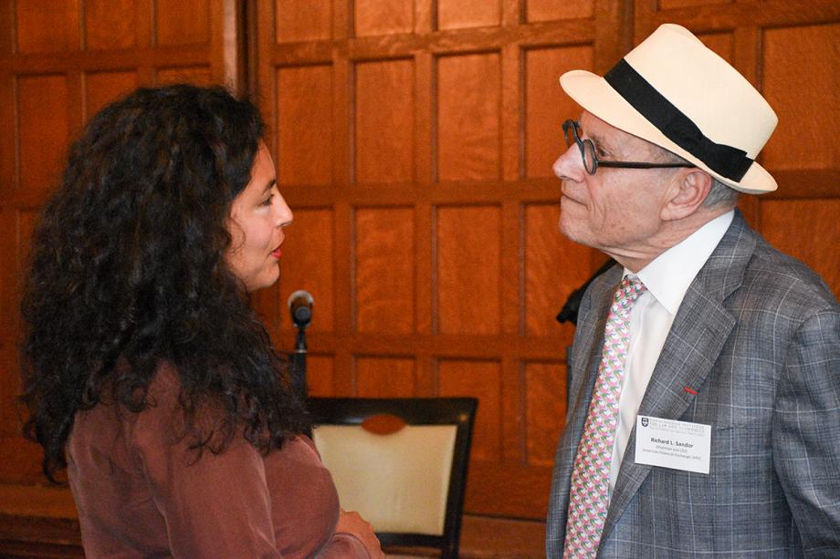 “The intellectual environment at the Summer Institute makes this experience exceptional,” said Vanessa Villanueva Collao, a scholar from Peru [shown talking to Sandor]. “After classes, we had the opportunity to have lunch with distinguished professors and have long discussions about Law and Economics. I have met scholars and practitioners from all over the world, which enriched my knowledge about the multiple applications of this methodology.”
