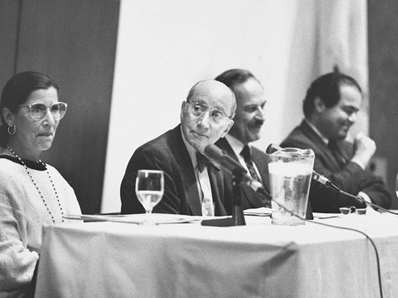 Judge Ruth Bader Ginsberg, Dean Edward Levi, Lord Goff and Justice Antonin Scalia at the Dedication for the 1987 building expansion.
