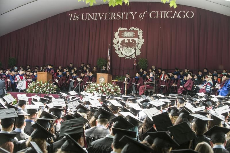 The graduates face the stage at the 523rd University of Chicago Convocation. The graduates face the stage at the 523rd University of Chicago Convocation.