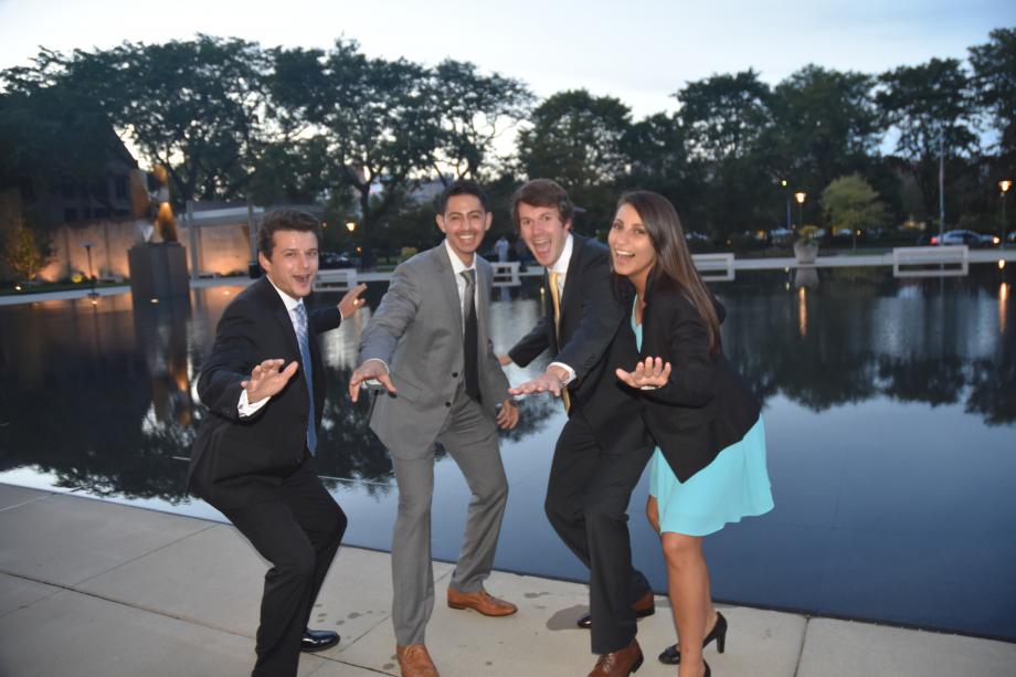 Michael Galdes, Makar Gevorkian, Harrison Scheer, and Gabi Libin, all '18, kicked off their Law School experience posing by the Levin Reflecting Pool at the Entering Students Dinner in September 2015. Michael Galdes, Makar Gevorkian, Harrison Scheer, and Gabi Libin, all '18, kicked off their Law School experience posing by the Levin Reflecting Pool at the Entering Students Dinner in September 2015.