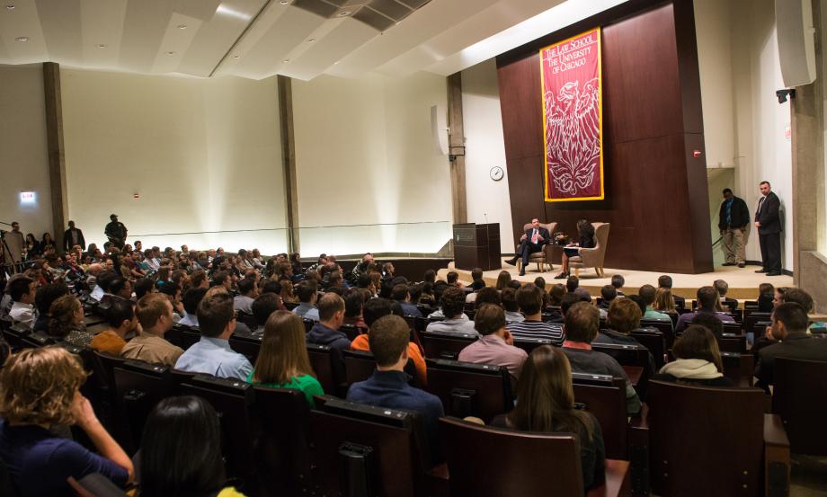 During Fall Quarter of their 1L year, then-FBI Director James Comey, '85, spoke at the Law School. Students packed the auditorium to hear him participate in a Q&A with Ruby Garrett, '16. During Fall Quarter of their 1L year, then-FBI Director James Comey, '85, spoke at the Law School. Students packed the auditorium to hear him participate in a Q&A with Ruby Garrett, '16.