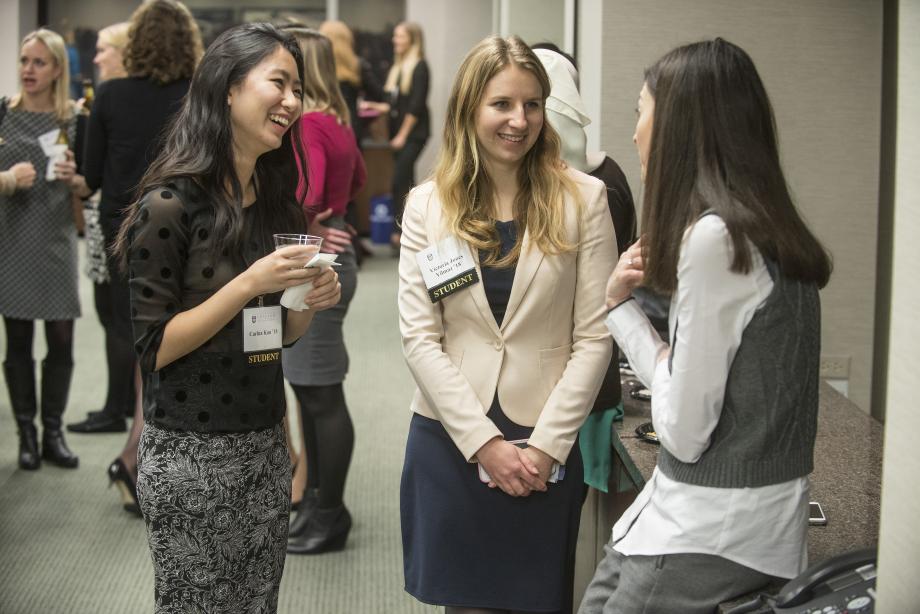 Carina Kan and Victoria Jones Yilmaz, both '18, chatted with an alum during a Women's Mentoring Program event. Carina Kan and Victoria Jones Yilmaz, both '18, chatted with an alum during a Women's Mentoring Program event.