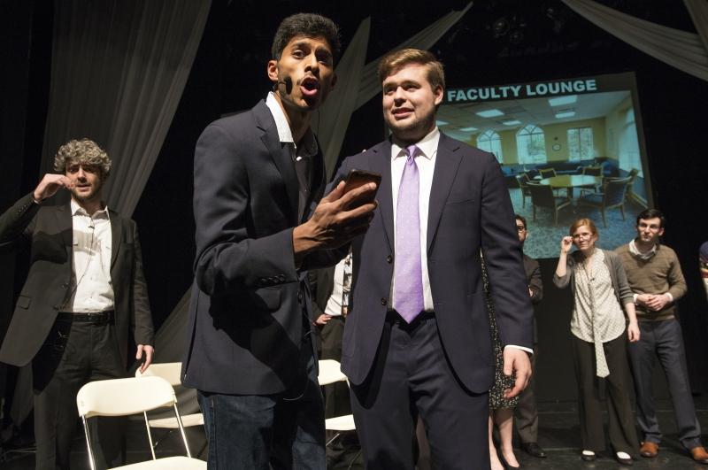 The plot of the Scooby-Doo-themed musical centered on the mysterious disappearance of various professors, students, and senior administrators. In this scene, Rahul Srinivas, '19, (left), as Deputy Dean Daniel Abebe, and Sean Planchard, '18, as Dean Thomas J. Miles, ponder the disappearance of professors. The plot of the Scooby-Doo-themed musical centered on the mysterious disappearance of various professors, students, and senior administrators. In this scene, Rahul Srinivas, '19, (left), as Deputy Dean Daniel Abebe, and Sean Planchard, '18, as Dean Thomas J. Miles, ponder the disappearance of professors.