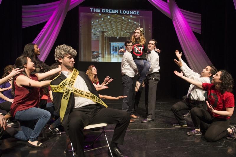 Joe Egozi, '17, as Professor Geoffrey R. Stone, and the cast singing about the Law Students Association to the tune of "Fight Song." Joe Egozi, '17, as Professor Geoffrey R. Stone, and the cast singing about the Law Students Association to the tune of "Fight Song."