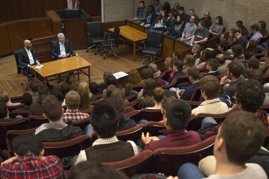During the Fall Quarter of their 3L year, Merrick Garland, Chief Judge of the US Court of Appeals for the DC Circuit, visited the Law School as part of the Edward Levi Distinguished Visiting Jurist program. His former law clerk, Justin Driver, interviewed him. During the fall quarter of their 3L year, Merrick Garland visited the Law School as part of the Edward Levi Distinguished Visiting Jurist program. His former law clerk, Justin Driver, interviewed him.