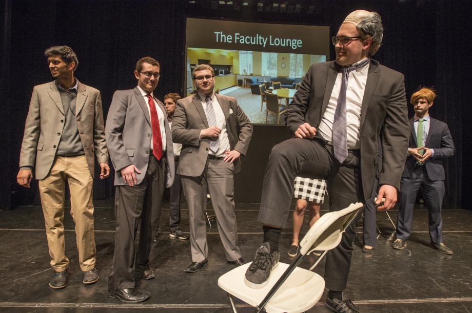 Sam Freedlund, '20, playing Professor Todd Henderson, tries to convince Dorothy to take him to see the Wizard of Lawz. Sam Freedlund, '20, playing Professor Todd Henderson, tries to convince Dorothy to take him to see the Wizard of Lawz.