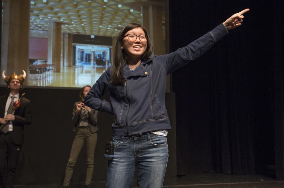 Donna Kwon, '20, as an American Constitutional Society president, sings a Beauty and the Beast parody, "Be Our Guest," to welcome students to the lunch talk lines.