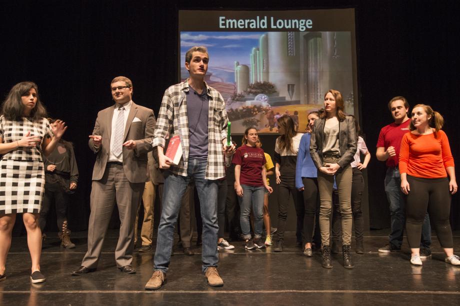 Chris Hurley, '19, as Law Review Editor-in-Chief Pat Ward, organizes a search party after Dorothy goes missing. Chris Hurley, '19, as Law Review Editor-in-Chief Pat Ward, organizes a search party after Dorothy goes missing.