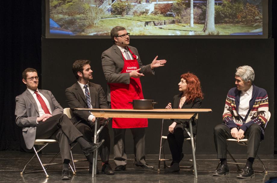 Dallin Jack, '18, as Professor Douglas Baird, hosts a fancy dinner party. Dallin Jack, '18, as Professor Douglas Baird, hosts a fancy dinner party.