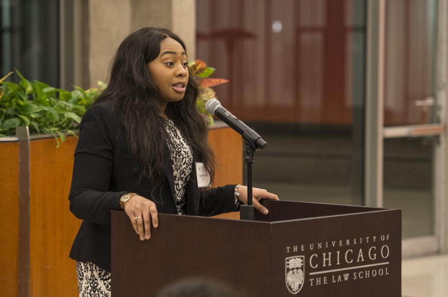 Ngozi Osuji, '19, a member of the BLSA planning committee, welcomes the audience to the dinner. The James B. Parsons Legacy Dinner will be held each year at the end of February as the culminating event for the celebration of Black History Month. 