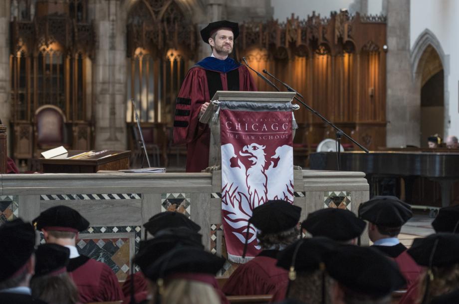 The ceremony began with a speech from Dean and Clifton R. Musser Professor of Law and Economics Thomas J. Miles. "Today we celebrate your accomplishment," he said. "We are proud of you. Now, go out in the world and make us proud again."