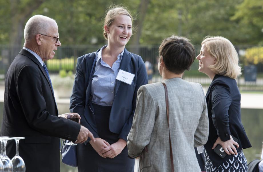 Professor Saul Levmore chats with students.