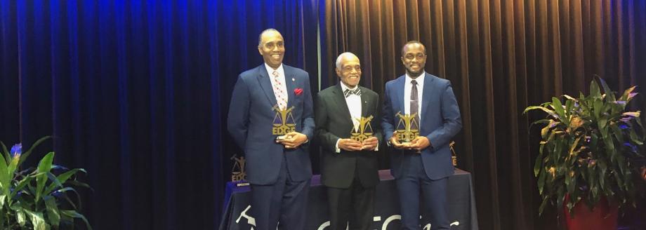 The Law School's director of diversity and inclusion, Christopher Clarke (right), with the other two CLEO Edge Award for Education honorees: Leonard M. Baynes, the dean of the University of Houston Law Center (left) and John C. Brittain, a law professor at the University of the District of Columbia’s David A. Clarke School of Law.