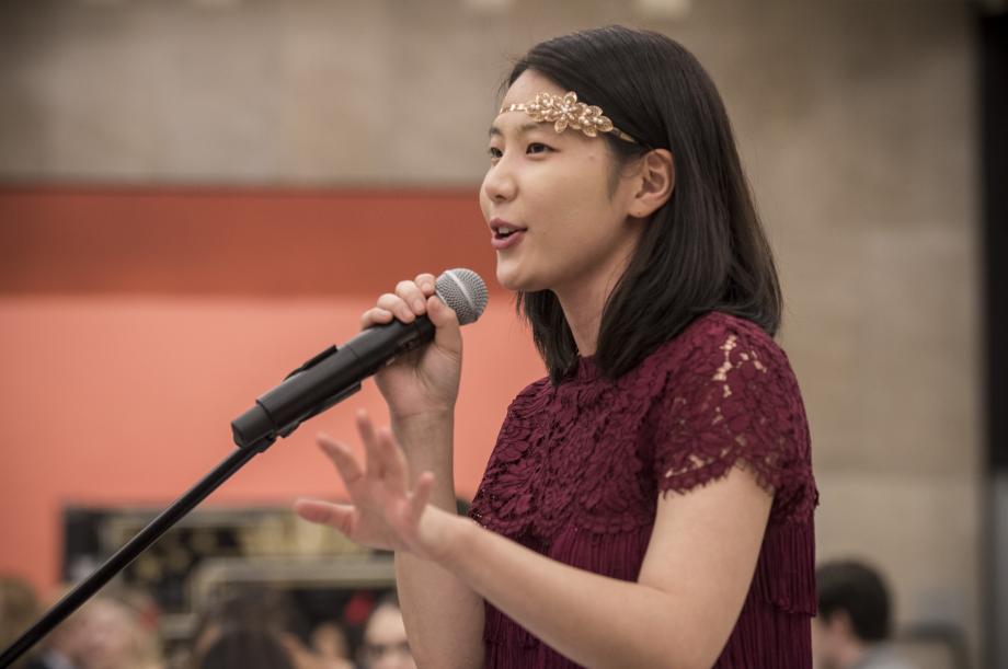 The Chicago Law Foundation (CLF) is a student-directed, not-for profit group that awards grants to law students who devote their summers to working in the public interest. Here, CLF fundraising vice president Angelo Pyo, '20, is shown addressing the crowd. 