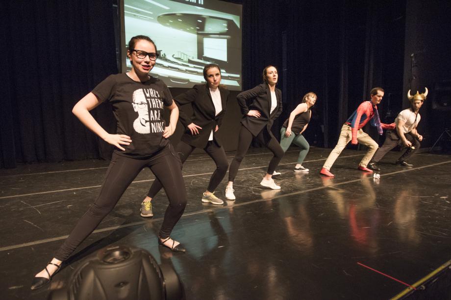 Justice Ginsburg (played by Josia Klein, '20) tests potential clerks' workout skills.