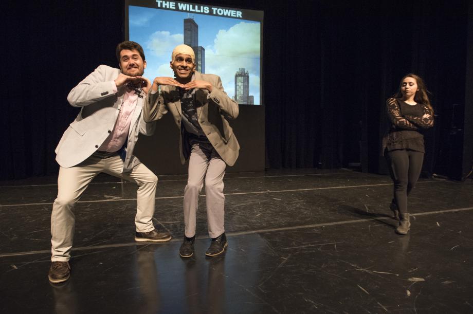 Levmos' henchman (played by David Smith, '20) and Levmos do an embarrassing dance number for Professor Lakier.