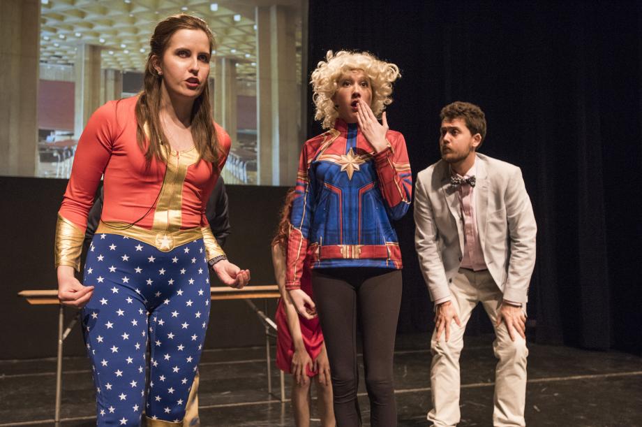 Wonder Siegler, a.k.a Professor Alison Siegler (played by Caroline Sabatier, '19) and Captain Martha, a.k.a. Professor Nussbaum (played by Rachel Kubasak, '19) sing about bringing back litigation. 