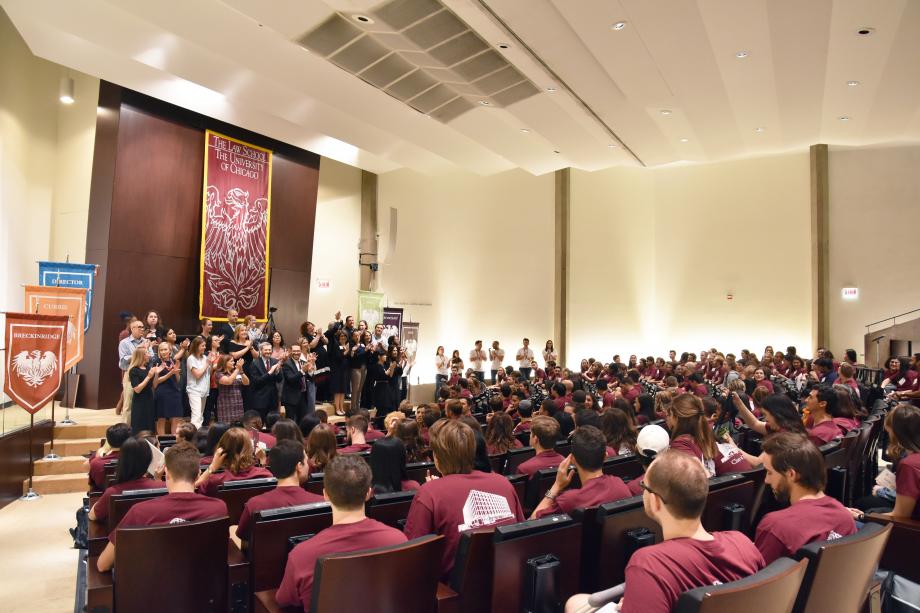 Faculty, staff, and current students welcomed the Class of 2022 to the Law School community with a "Clap In" in the auditorium on the first day of Orientation. Afterward, students heard remarks by Dean Thomas J. Miles, Dean of Admissions Ann Perry, and Dean of Students Charles Todd, and later attended a series of introductory sessions.