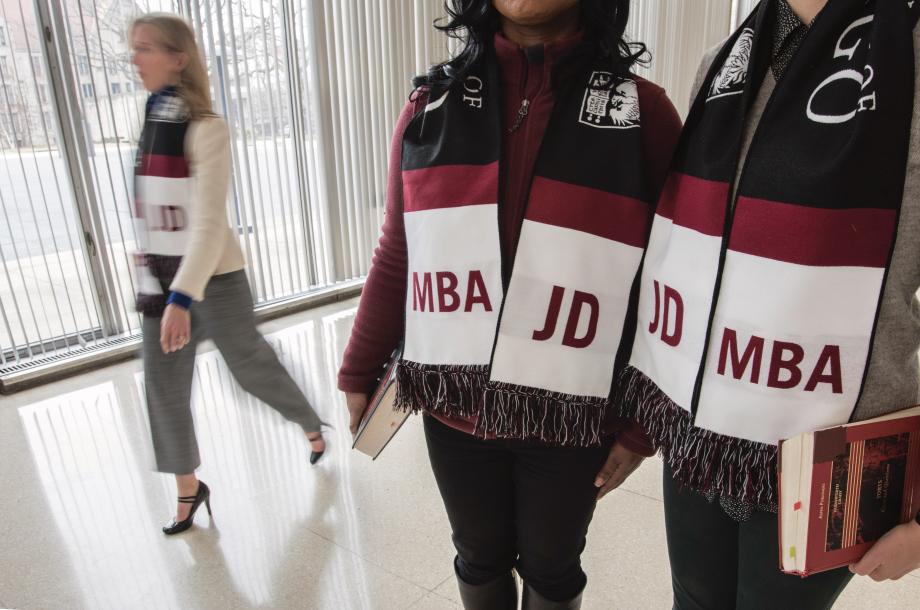 Scarves printed with "JD-MBA"