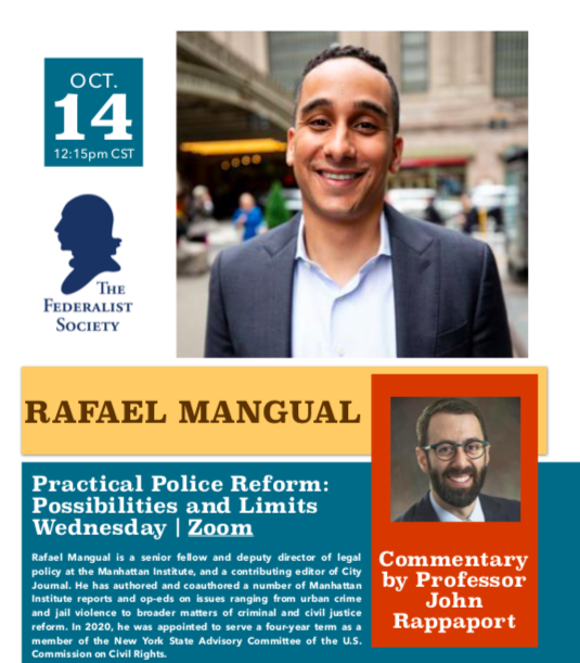 Rafael Mangual, the Federalist Society logo, and Professor John Rappaport