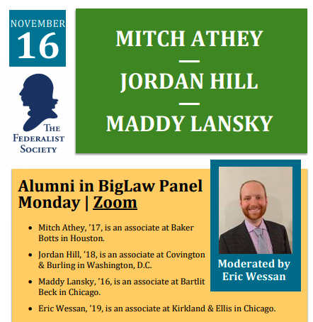 The Federalist Society logo, a list of the participating alumni, and a photo of alum Eric Wesson
